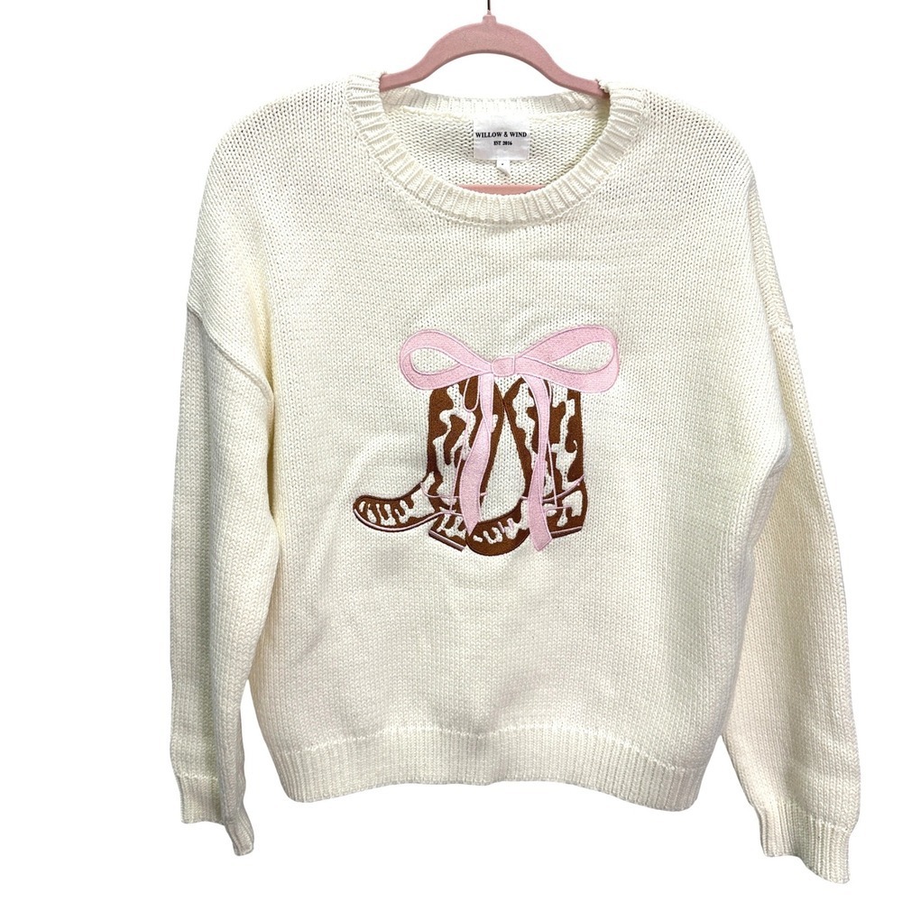 Willow & Wind Cowgirl Coquette Cotton Blend Embroidered Sweater Boots Bow Large